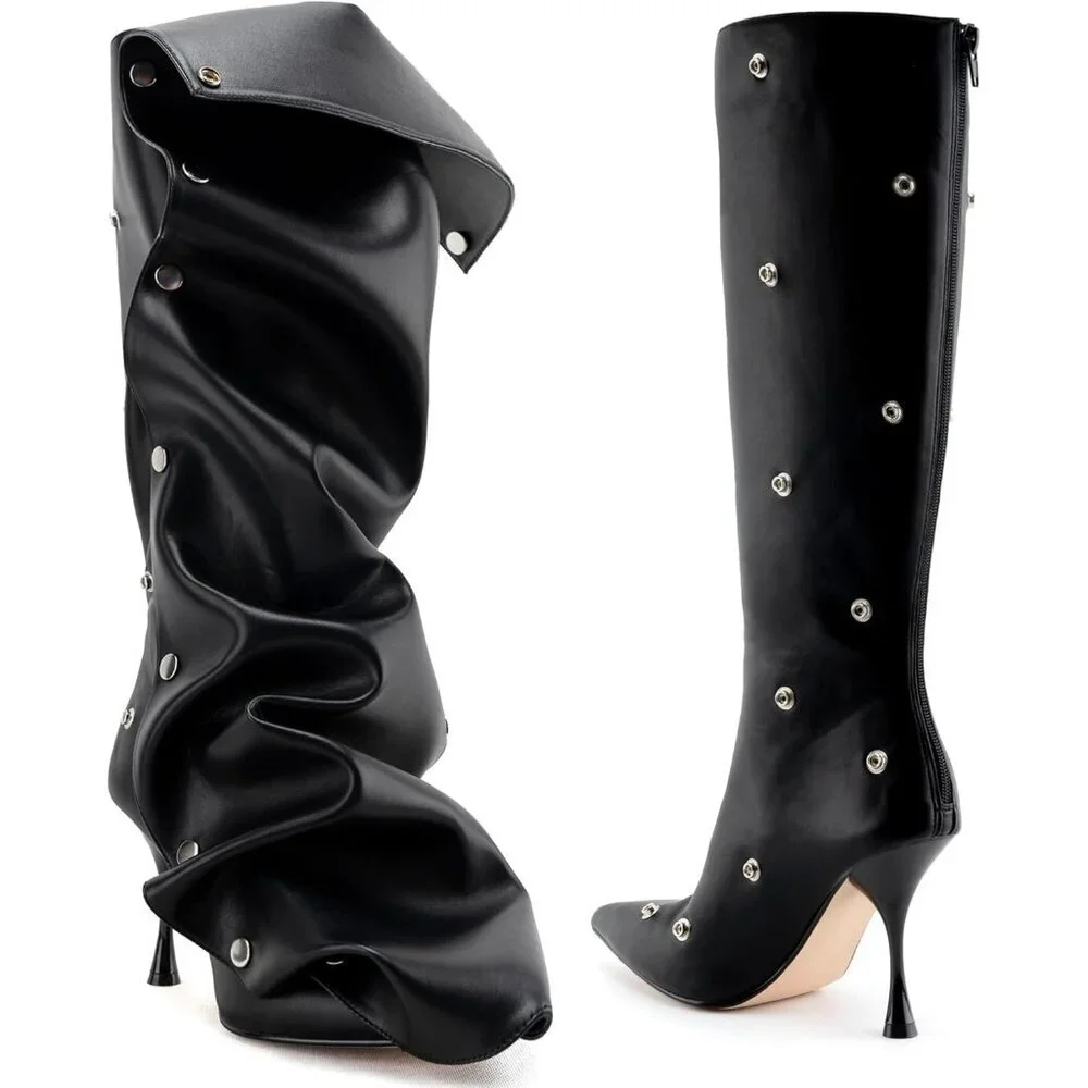 Women Black Suede Detachable Snap-off Panel Fold Over Fall Shark Knee High Boot